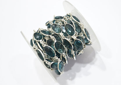 London Blue Hydro Quartz Faceted Oval Shape Connector Chain , 9x13 mm , RB-5703