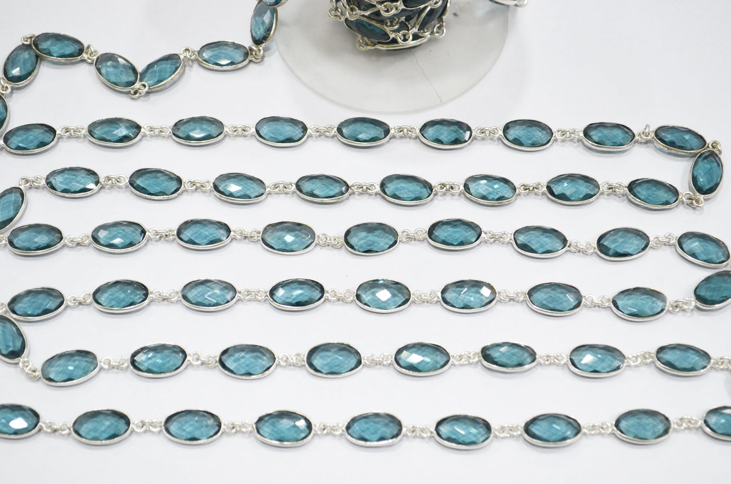 London Blue Hydro Quartz Faceted Oval Shape Connector Chain , 9x13 mm , RB-5703
