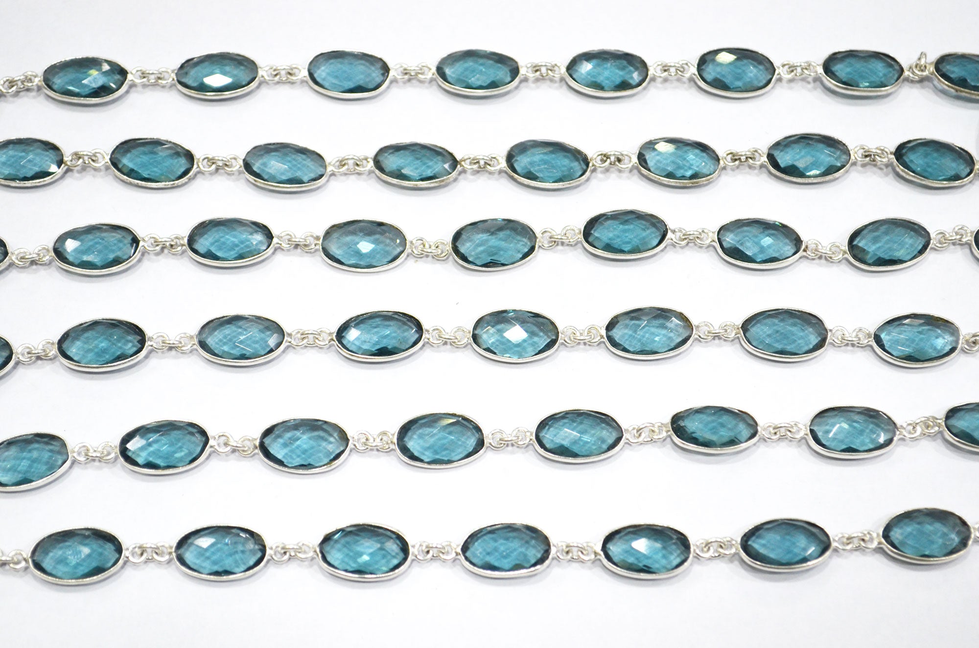 London Blue Hydro Quartz Faceted Oval Shape Connector Chain , 9x13 mm , RB-5703