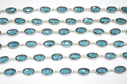 London Blue Hydro Quartz Faceted Oval Shape Connector Chain , 9x13 mm , RB-5703