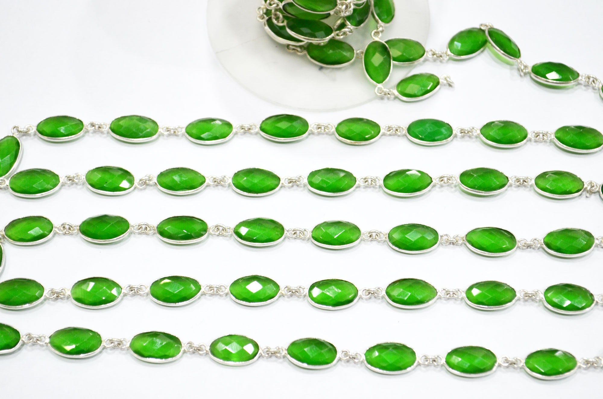 Green Hydro Quartz Faceted Oval Shape Connector Chain , 9x13 mm , RB-5704