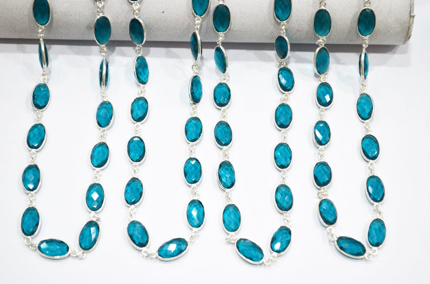 Teal Green Hydro Quartz Faceted Oval Shape Connector Chain , 9x13 mm , RB-5705