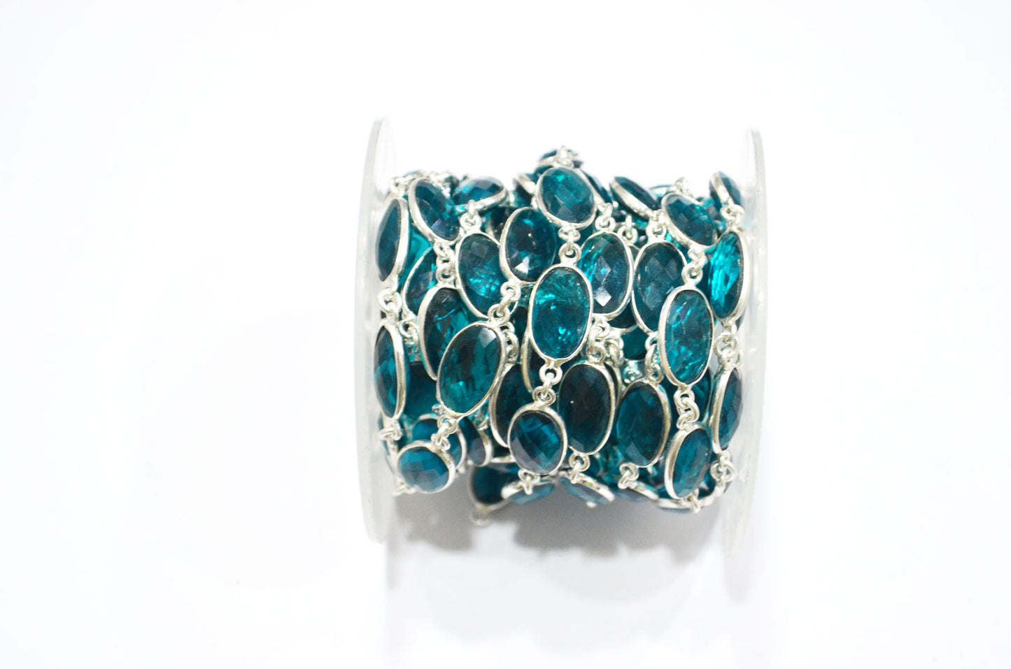 Teal Green Hydro Quartz Faceted Oval Shape Connector Chain , 9x13 mm , RB-5705