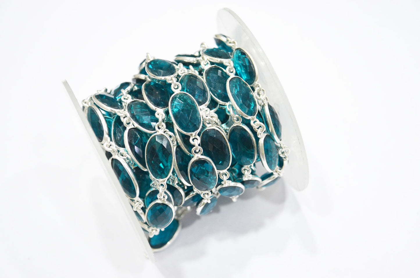 Teal Green Hydro Quartz Faceted Oval Shape Connector Chain , 9x13 mm , RB-5705