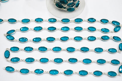 Teal Green Hydro Quartz Faceted Oval Shape Connector Chain , 9x13 mm , RB-5705