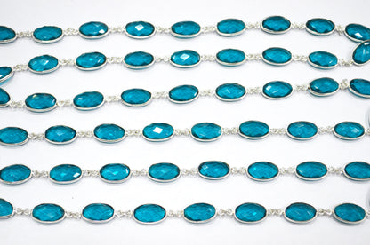 Teal Green Hydro Quartz Faceted Oval Shape Connector Chain , 9x13 mm , RB-5705