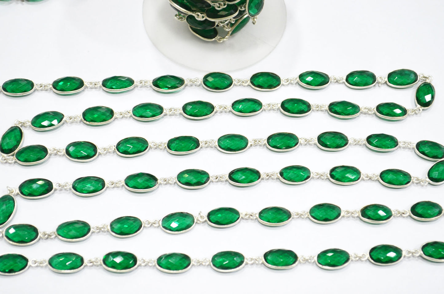Emerald Green Hydro Quartz Faceted Oval Shape Connector Chain , 9x13 mm , RB-5709
