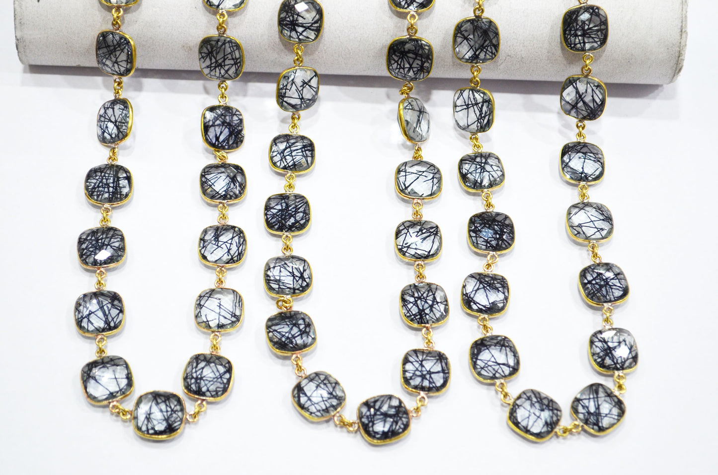 Black Rutile Doublet Glass Faceted Cushion Shape Connector Chain , 14 mm , RB-5713