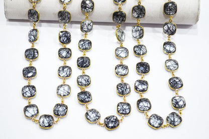 Black Rutile Doublet Glass Faceted Cushion Shape Connector Chain , 14 mm , RB-5713