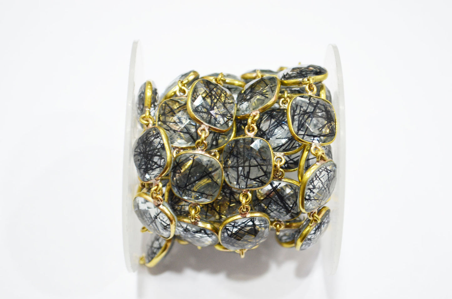 Black Rutile Doublet Glass Faceted Cushion Shape Connector Chain , 14 mm , RB-5713