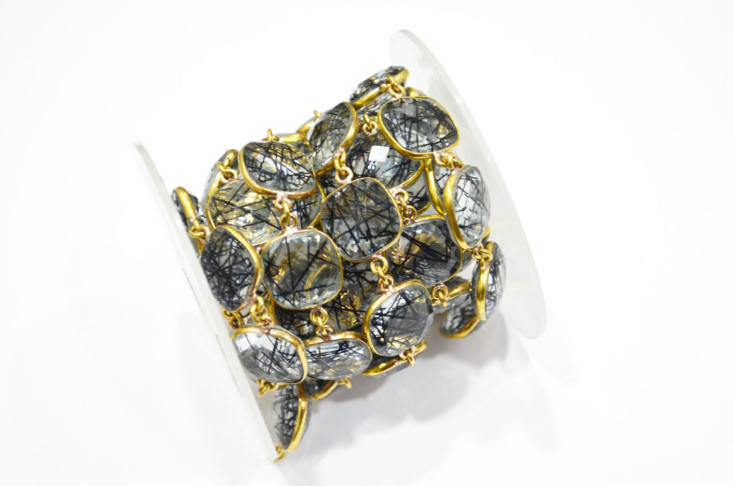 Black Rutile Doublet Glass Faceted Cushion Shape Connector Chain , 14 mm , RB-5713