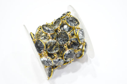 Black Rutile Doublet Glass Faceted Cushion Shape Connector Chain , 14 mm , RB-5713