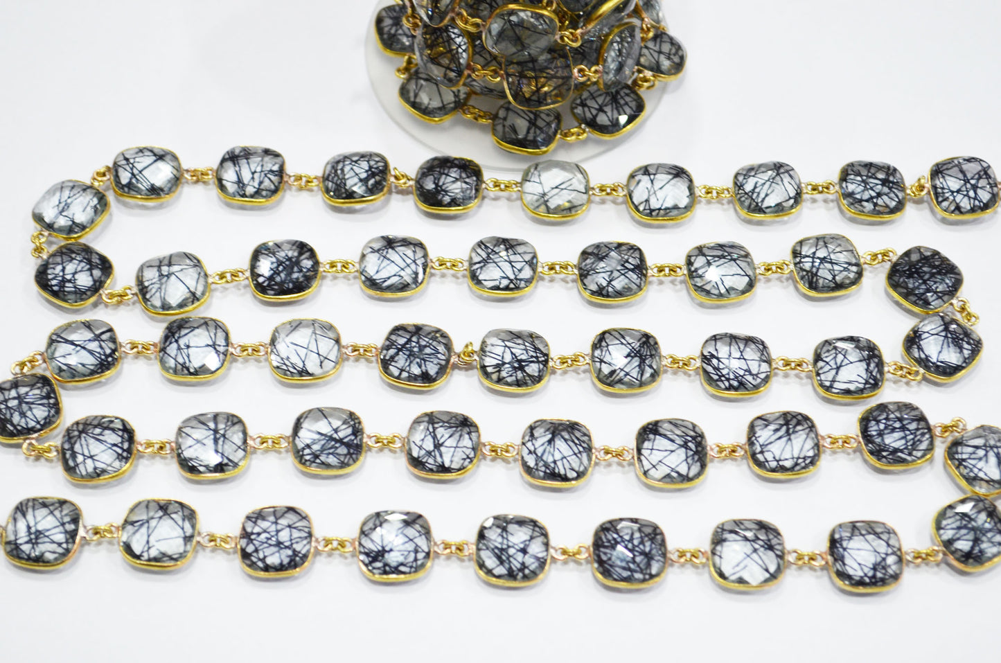 Black Rutile Doublet Glass Faceted Cushion Shape Connector Chain , 14 mm , RB-5713