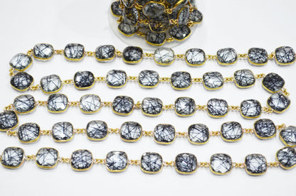 Black Rutile Doublet Glass Faceted Cushion Shape Connector Chain , 14 mm , RB-5713