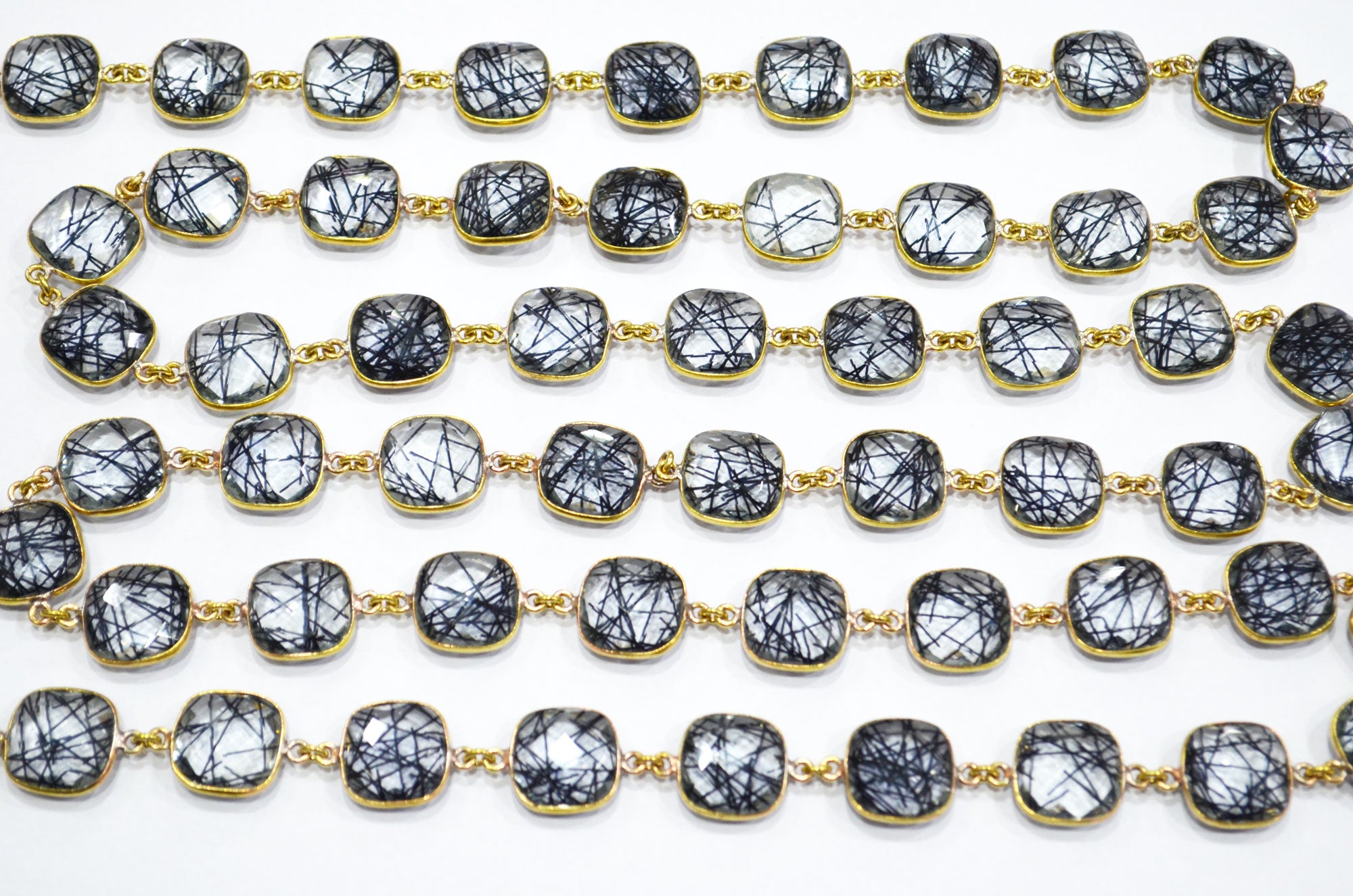 Black Rutile Doublet Glass Faceted Cushion Shape Connector Chain , 14 mm , RB-5713