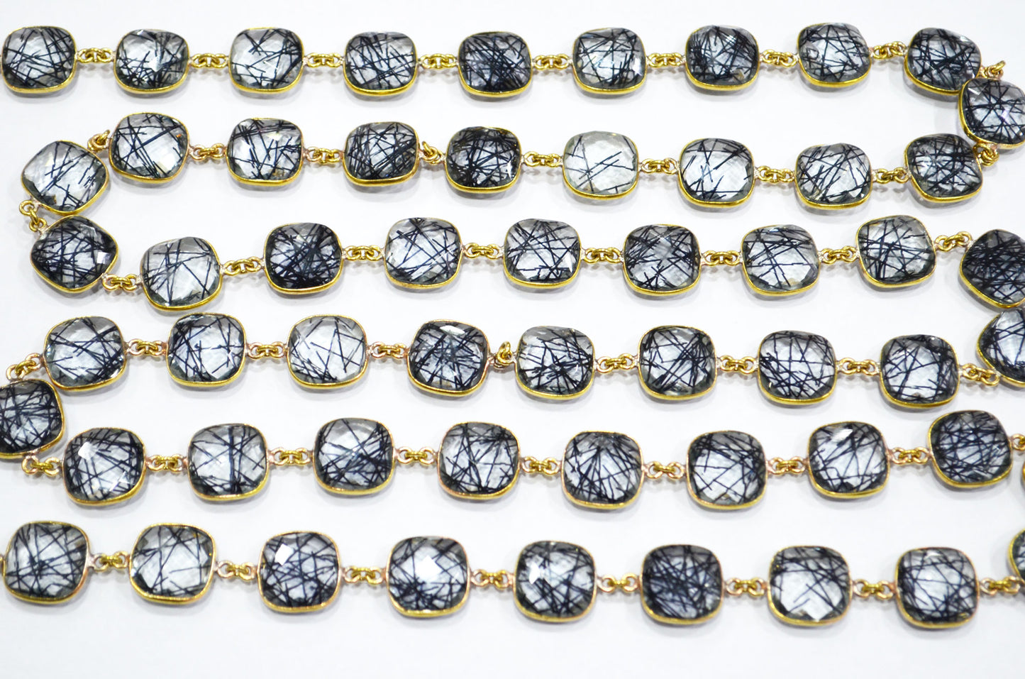 Black Rutile Doublet Glass Faceted Cushion Shape Connector Chain , 14 mm , RB-5713