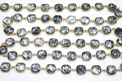 Black Rutile Doublet Glass Faceted Cushion Shape Connector Chain , 14 mm , RB-5713