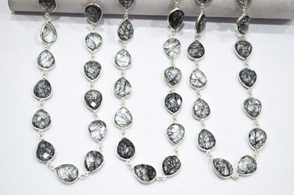 Black Rutile Doublet Glass Faceted Pear Shape Connector Chain , 12x15 mm , RB-5714