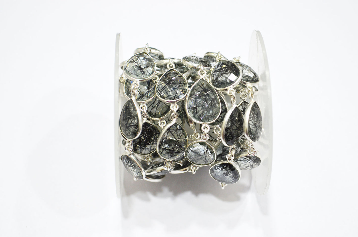 Black Rutile Doublet Glass Faceted Pear Shape Connector Chain , 12x15 mm , RB-5714