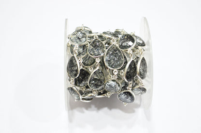 Black Rutile Doublet Glass Faceted Pear Shape Connector Chain , 12x15 mm , RB-5714