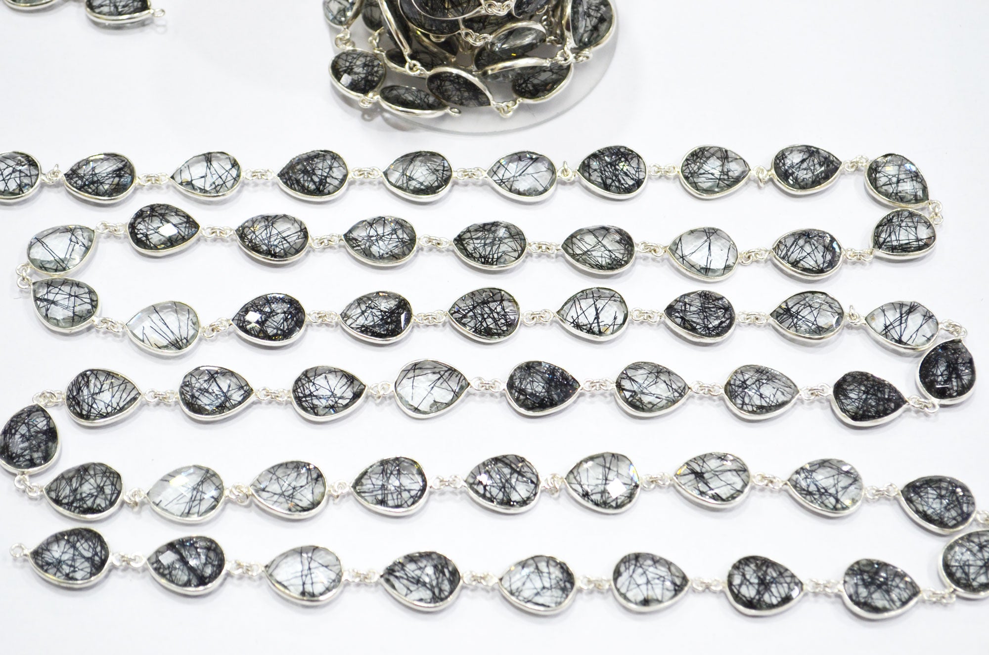 Black Rutile Doublet Glass Faceted Pear Shape Connector Chain , 12x15 mm , RB-5714
