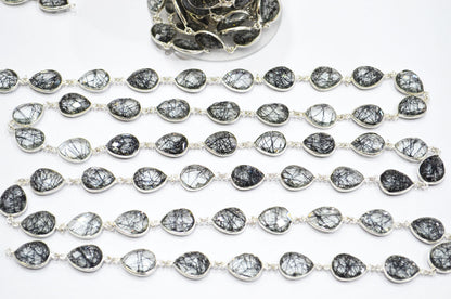 Black Rutile Doublet Glass Faceted Pear Shape Connector Chain , 12x15 mm , RB-5714