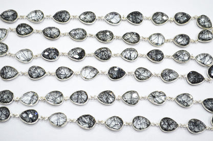 Black Rutile Doublet Glass Faceted Pear Shape Connector Chain , 12x15 mm , RB-5714