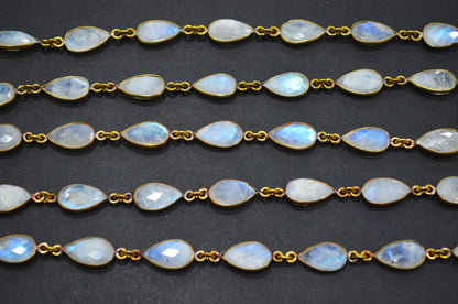 Rainbow Moonstone Faceted Pear Shape Connector Chain , 9x13 mm , RB-5715