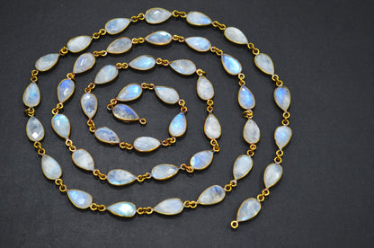 Rainbow Moonstone Faceted Pear Shape Connector Chain , 9x13 mm , RB-5715