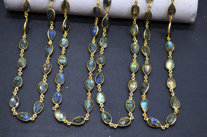 Labradorite Faceted Pear Shape Connector Chain , 9x13 mm , RB-5716