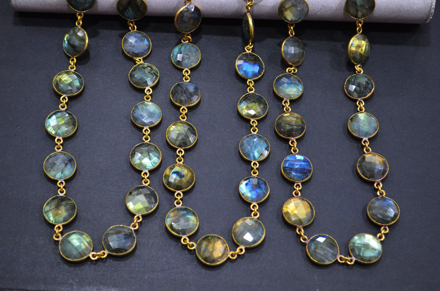 Labradorite Faceted Coin Shape Connector Chain , 15 mm , RB-5717