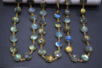 Labradorite Faceted Coin Shape Connector Chain , 15 mm , RB-5717