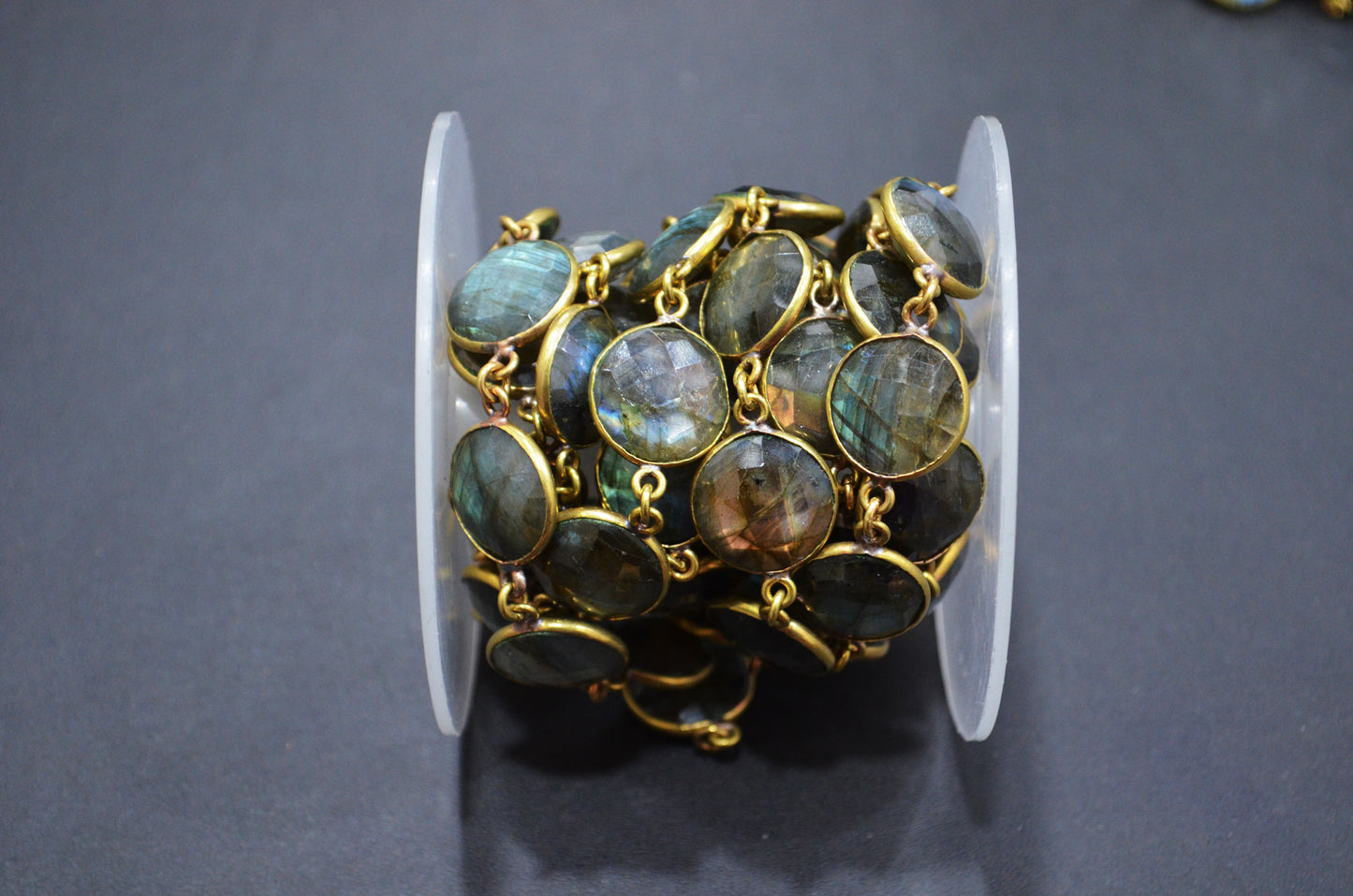 Labradorite Faceted Coin Shape Connector Chain , 15 mm , RB-5717