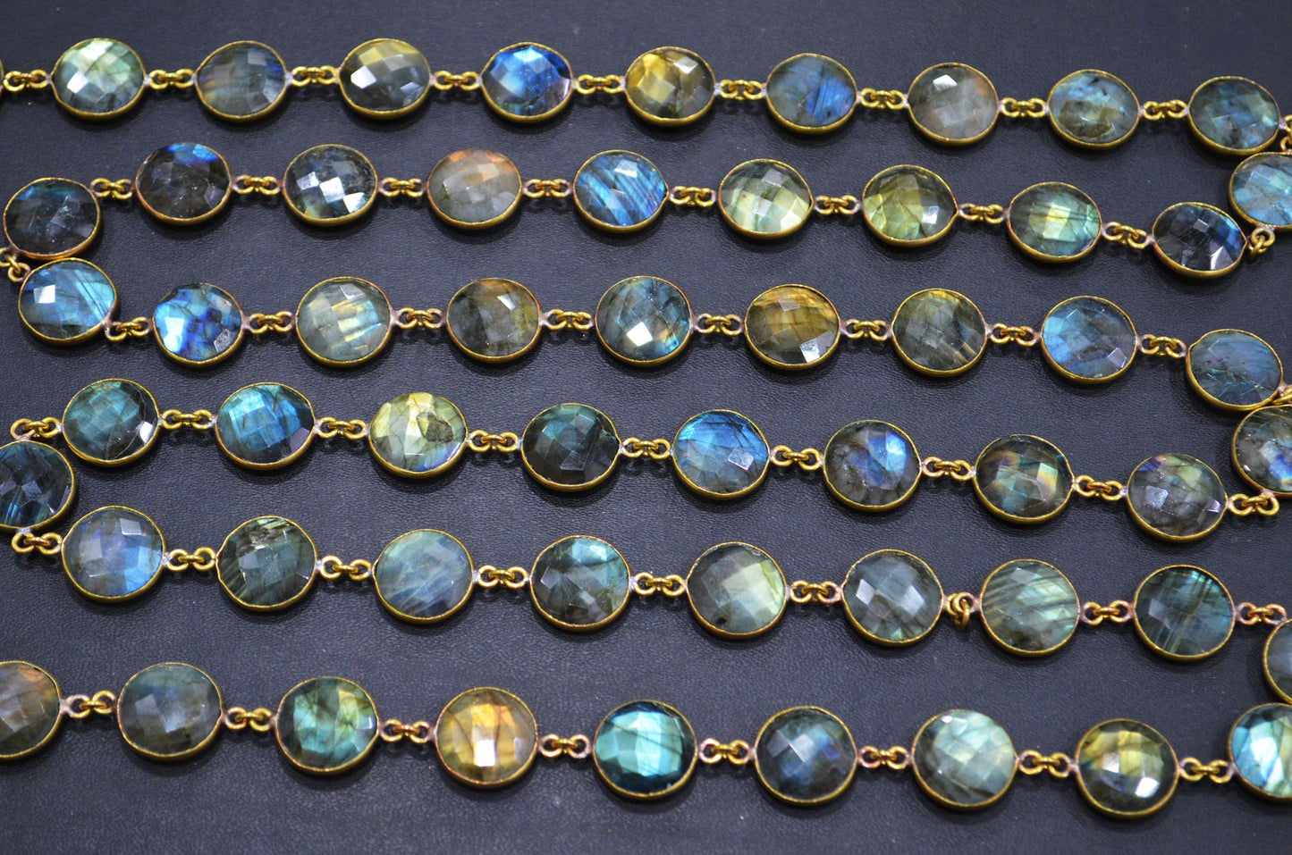 Labradorite Faceted Coin Shape Connector Chain , 15 mm , RB-5717