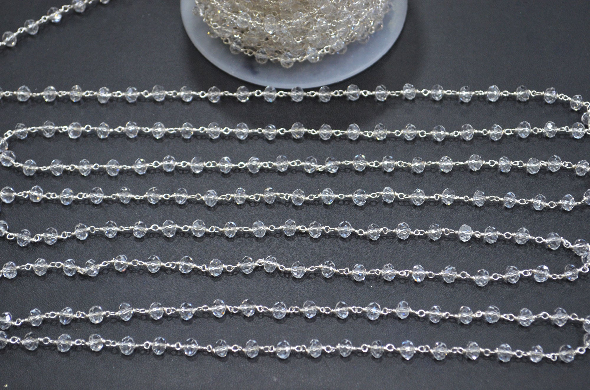 Crystal Hydro Quartz Faceted Rondelle Shape Rosary Beaded Chain , 5.50 - 6 mm , RB-5718