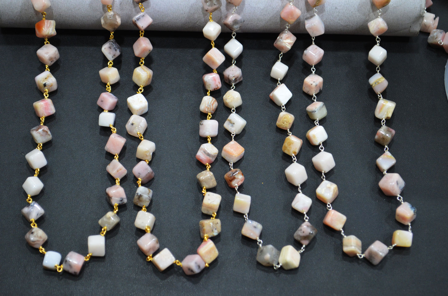 Peruvian Pink Opal Smooth Cube Shape Rosary Beaded Chain , 7.50 - 8 mm , RB-5724