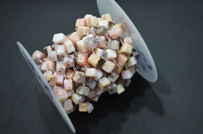 Peruvian Pink Opal Smooth Cube Shape Rosary Beaded Chain , 7.50 - 8 mm , RB-5724