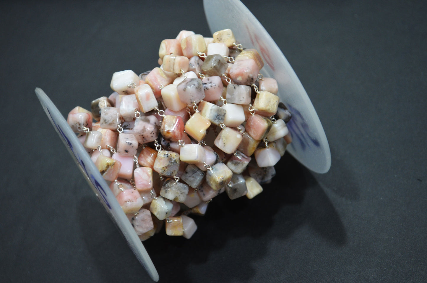 Peruvian Pink Opal Smooth Cube Shape Rosary Beaded Chain , 7.50 - 8 mm , RB-5724
