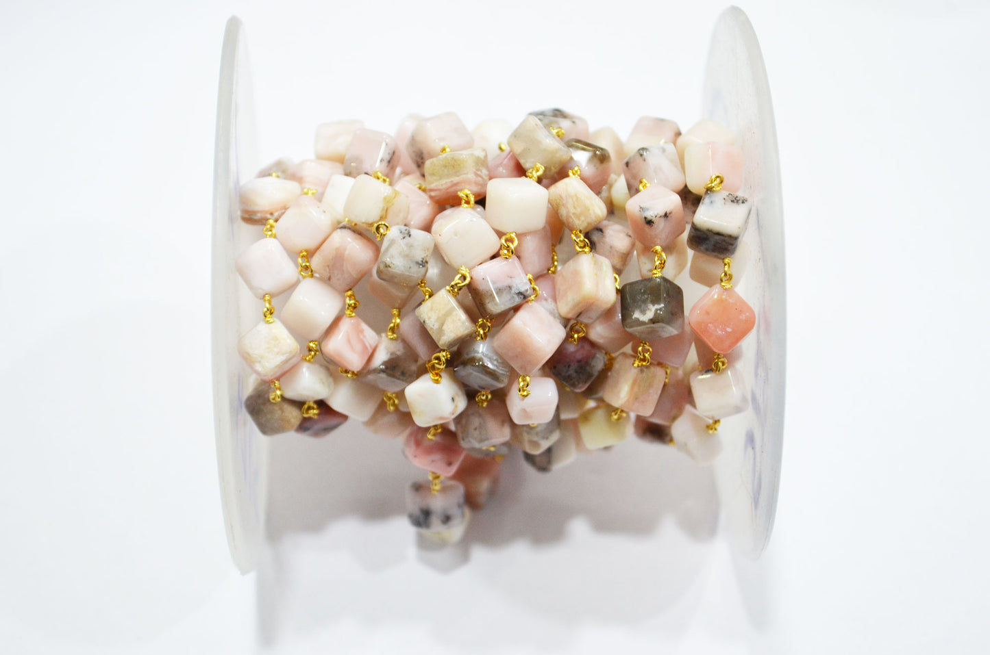 Peruvian Pink Opal Smooth Cube Shape Rosary Beaded Chain , 7.50 - 8 mm , RB-5724