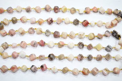 Peruvian Pink Opal Smooth Cube Shape Rosary Beaded Chain , 7.50 - 8 mm , RB-5724