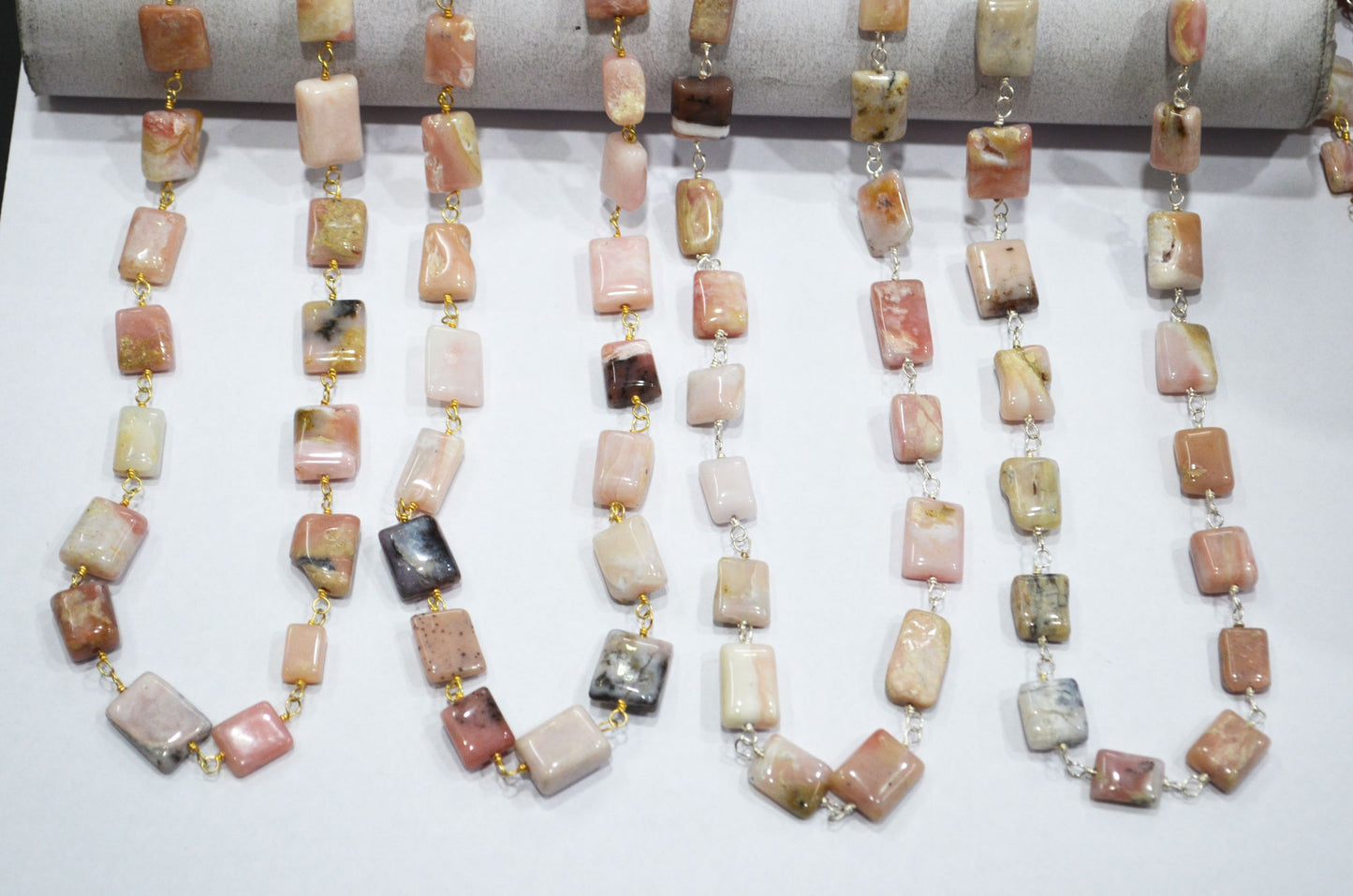 Peruvian Pink Opal Uneven Cushion Shape Rosary Beaded Chain , 10 - 15 mm , RB-5725