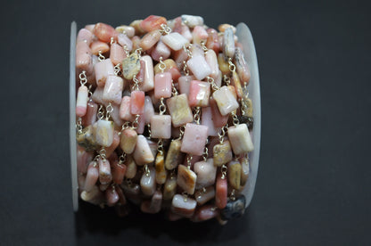 Peruvian Pink Opal Uneven Cushion Shape Rosary Beaded Chain , 10 - 15 mm , RB-5725