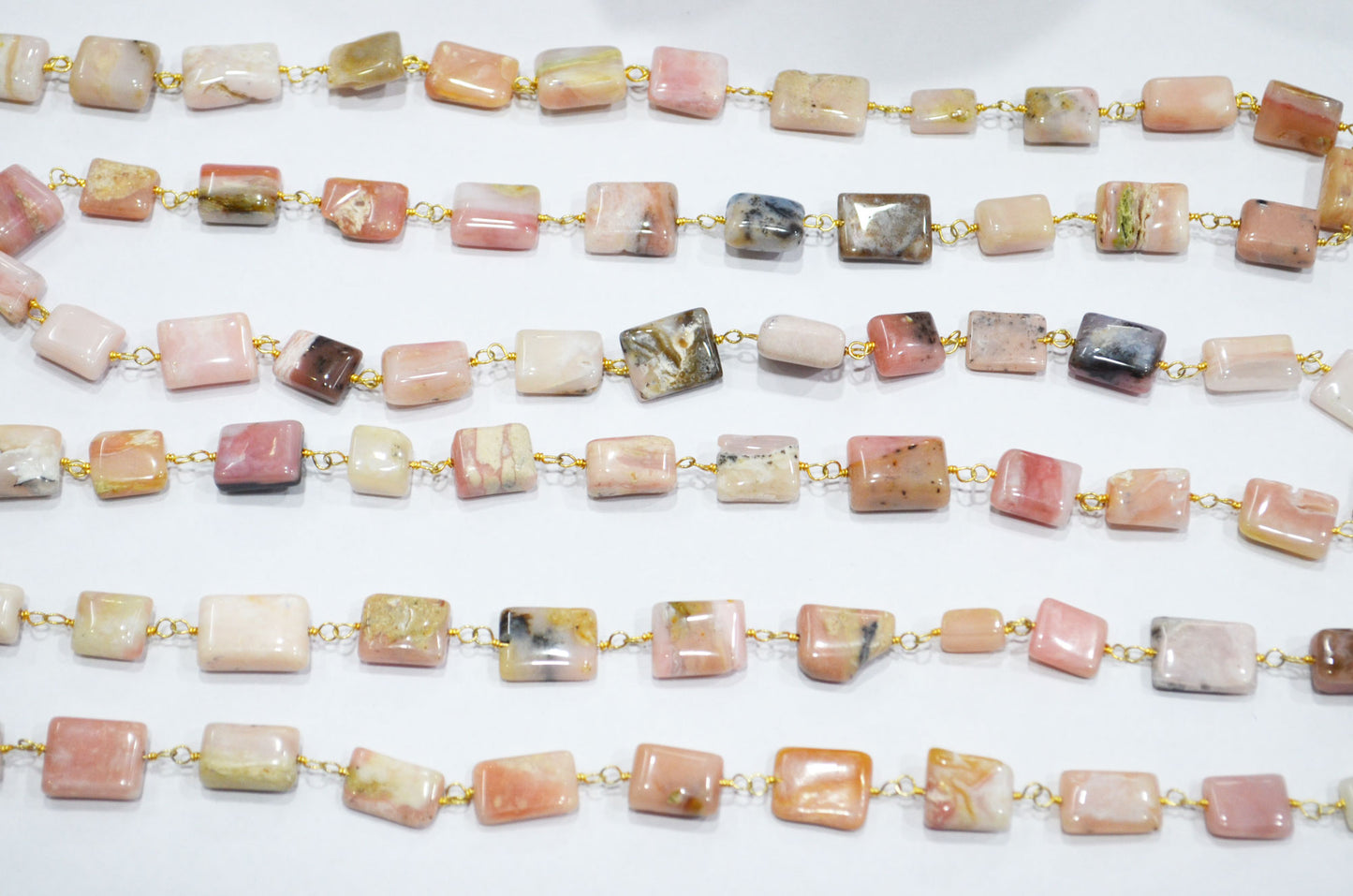 Peruvian Pink Opal Uneven Cushion Shape Rosary Beaded Chain , 10 - 15 mm , RB-5725