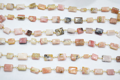 Peruvian Pink Opal Uneven Cushion Shape Rosary Beaded Chain , 10 - 15 mm , RB-5725