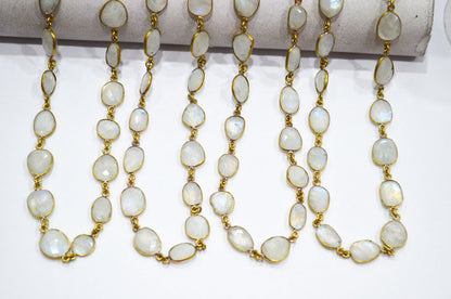 Rainbow Moonstone Faceted Slice Shape Connector Chain , 9 - 13 mm , RB-5726