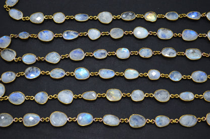Rainbow Moonstone Faceted Slice Shape Connector Chain , 9 - 13 mm , RB-5726