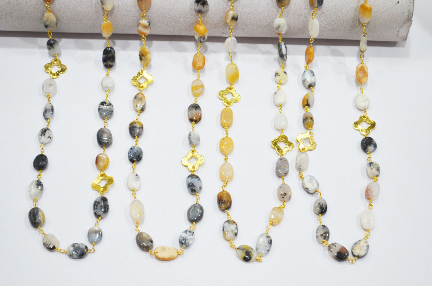 Dendrite Opal Smooth Oval Shape Rosary Beaded Chain , Dendrite Opal With Quatrefoil Clover Wire Wrapped Chain , 8 - 10 mm , RB-5727