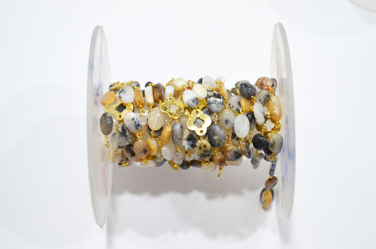 Dendrite Opal Smooth Oval Shape Rosary Beaded Chain , Dendrite Opal With Quatrefoil Clover Wire Wrapped Chain , 8 - 10 mm , RB-5727