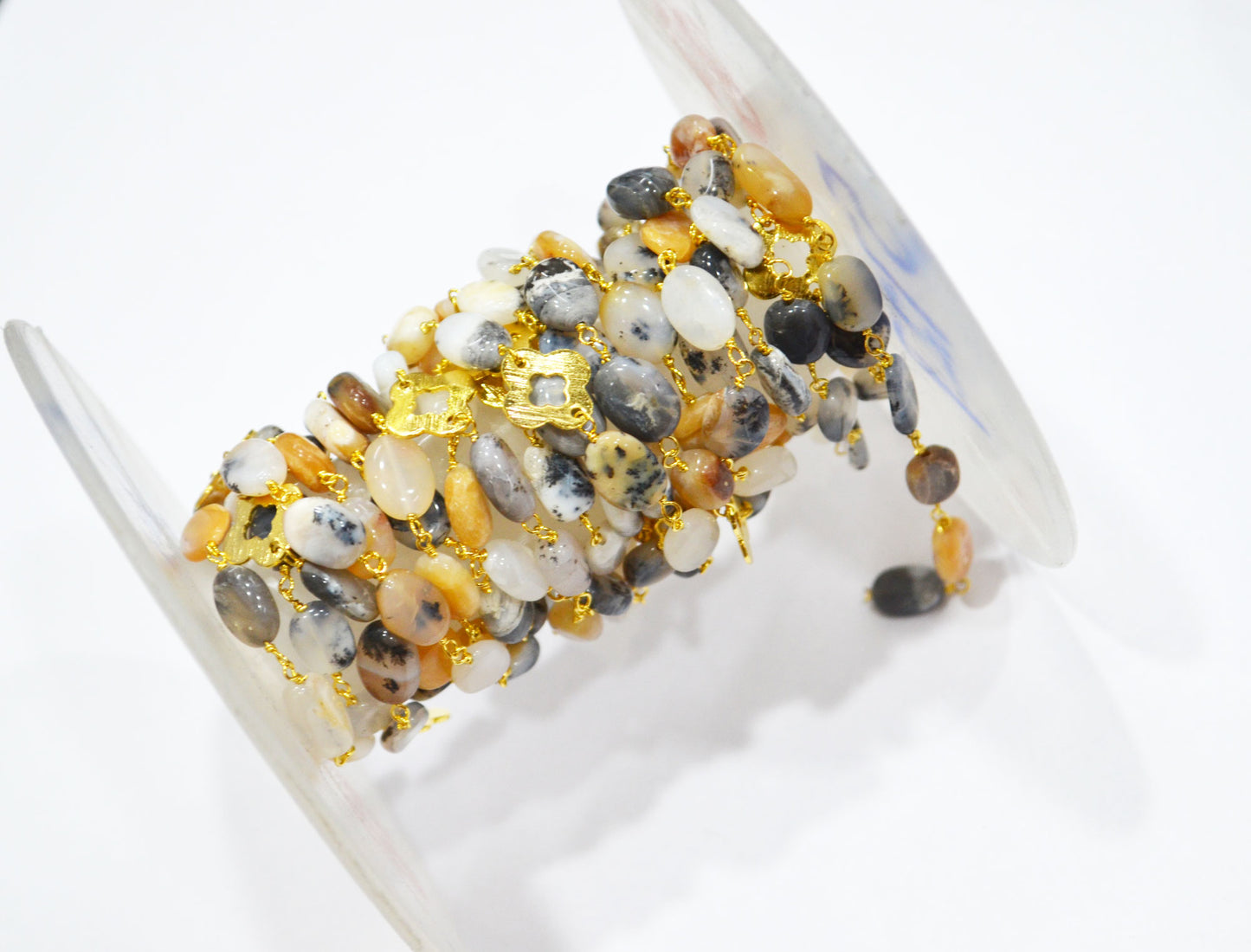 Dendrite Opal Smooth Oval Shape Rosary Beaded Chain , Dendrite Opal With Quatrefoil Clover Wire Wrapped Chain , 8 - 10 mm , RB-5727