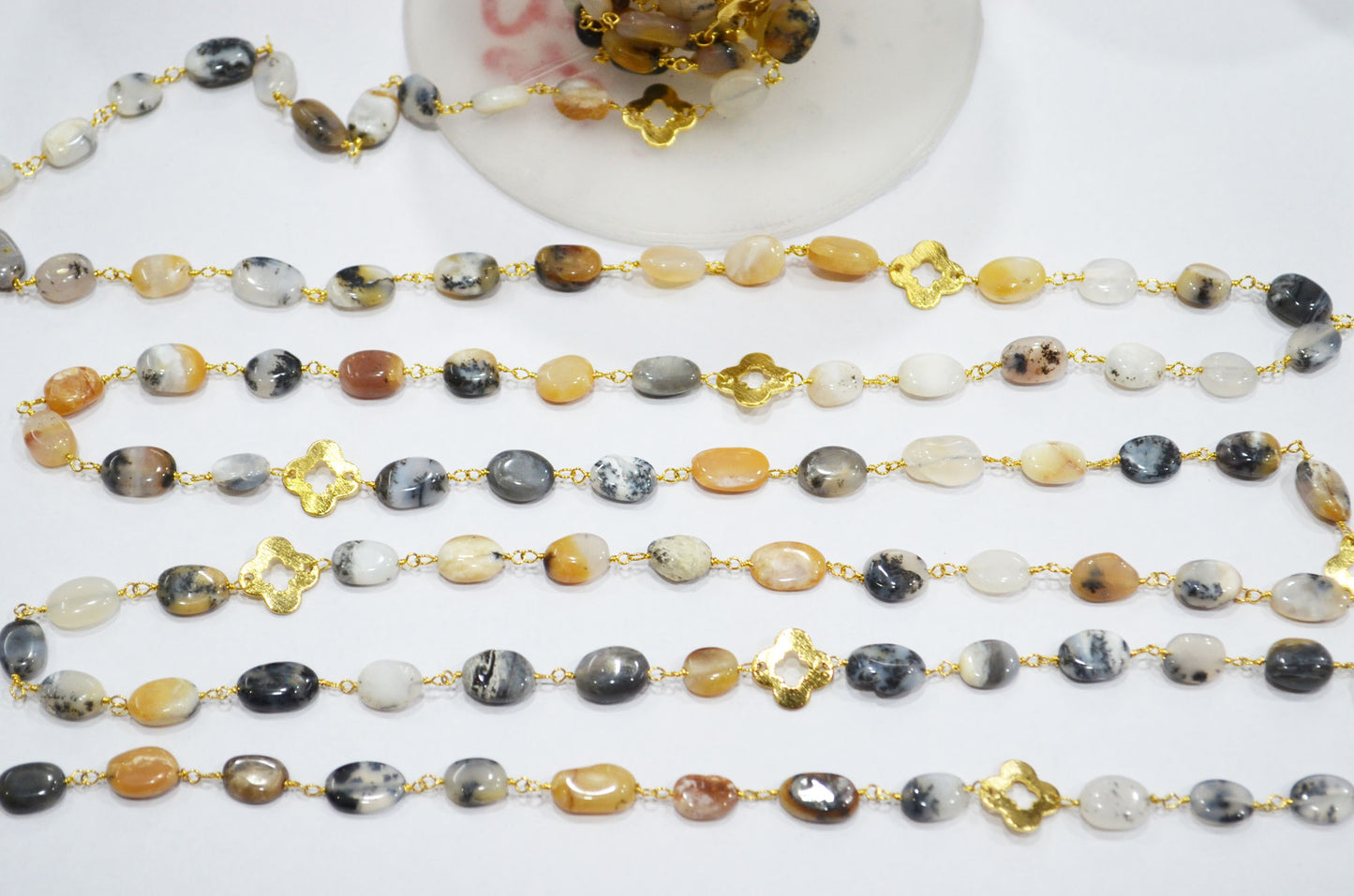 Dendrite Opal Smooth Oval Shape Rosary Beaded Chain , Dendrite Opal With Quatrefoil Clover Wire Wrapped Chain , 8 - 10 mm , RB-5727